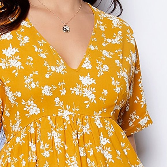 Ditsy Floral BOHO Mustard Yellow Plus Size Dress - Picture 7 of 10